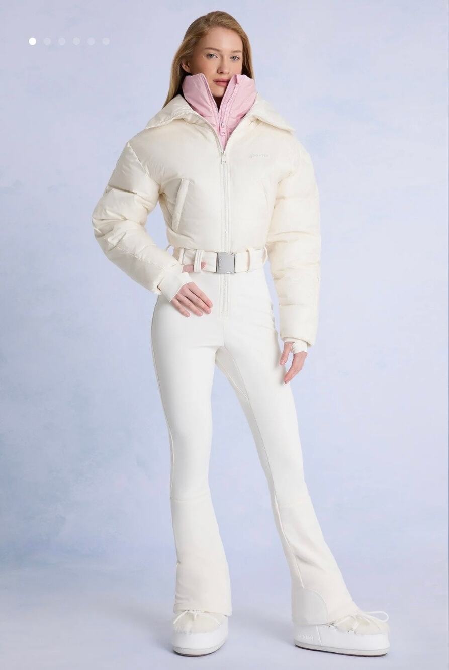 Bo+Tee Oh Polly Waterproof Belted Layered Ski Suit in Ice White Pink Size XS